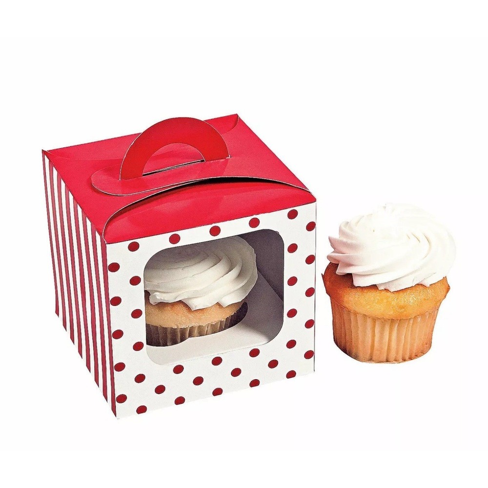 Red Polka‎ Dot Cupcake Boxes With Handle, Party Supplies, 12 Pieces
